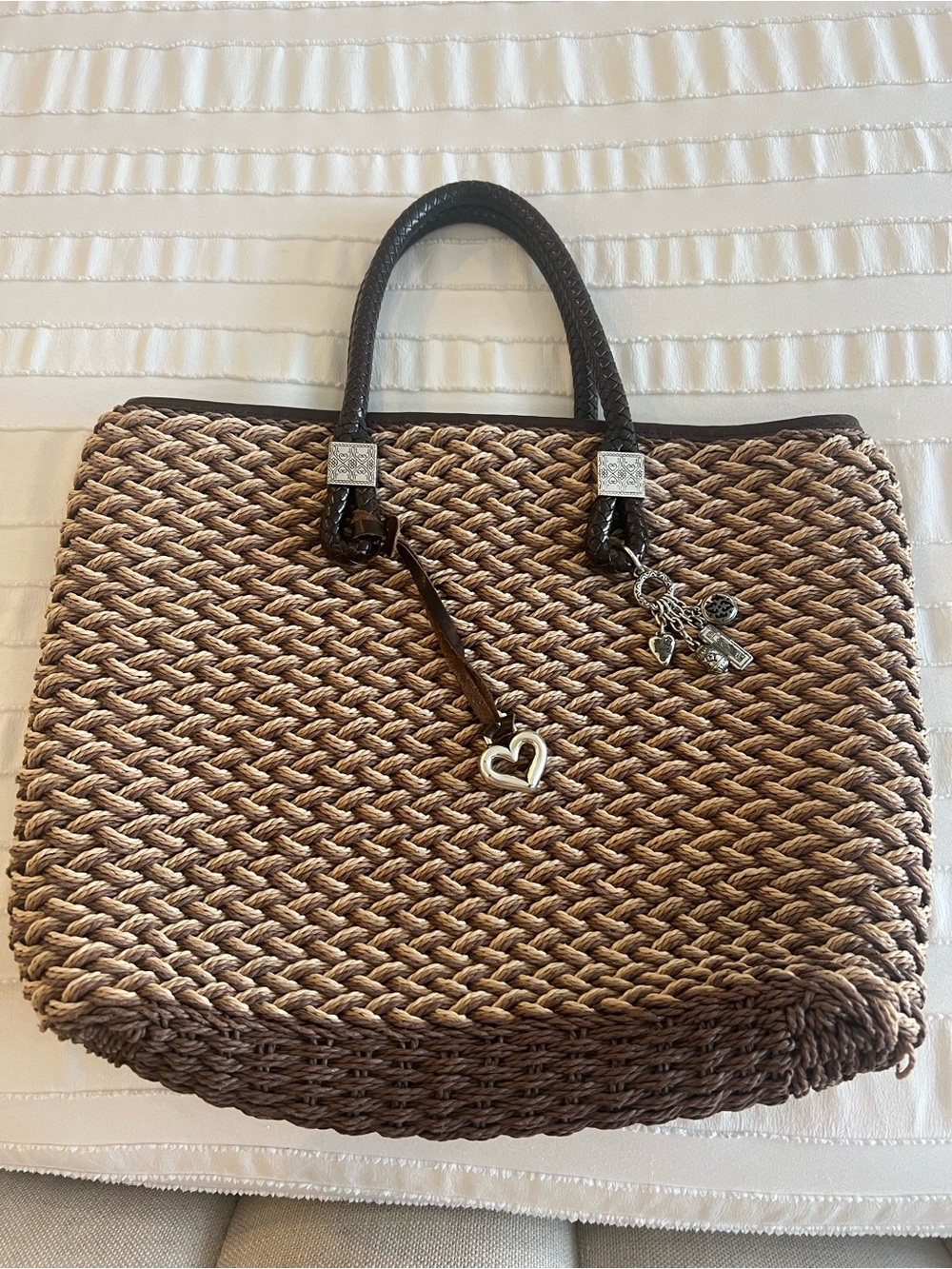 Looks Brand New - Brighton Woven Straw Tote Bag with Heart Charm - Brown